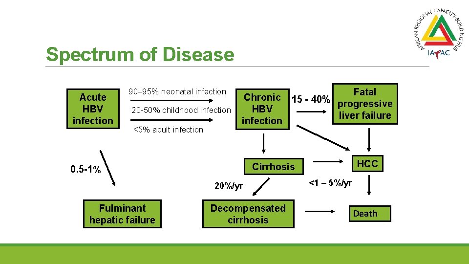 Spectrum of Disease Acute HBV infection 90– 95% neonatal infection 20 -50% childhood infection