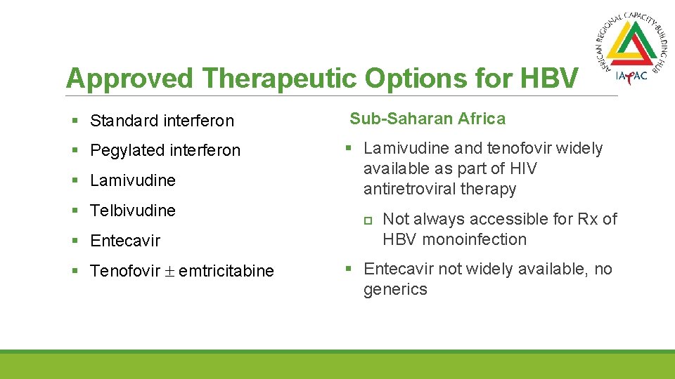 Approved Therapeutic Options for HBV § Standard interferon Sub-Saharan Africa § Pegylated interferon §