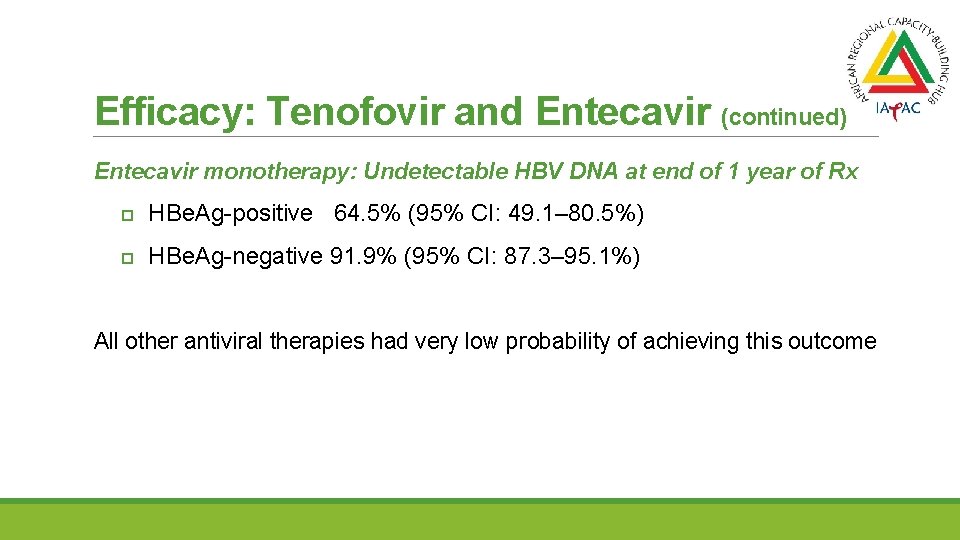 Efficacy: Tenofovir and Entecavir (continued) Entecavir monotherapy: Undetectable HBV DNA at end of 1