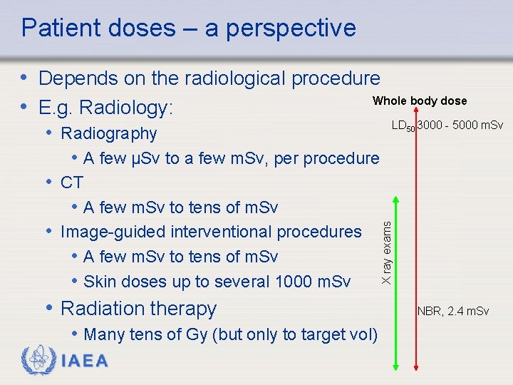 Patient doses – a perspective • Depends on the radiological procedure Whole body dose