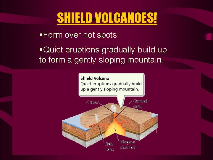 SHIELD VOLCANOES! §Form over hot spots §Quiet eruptions gradually build up to form a