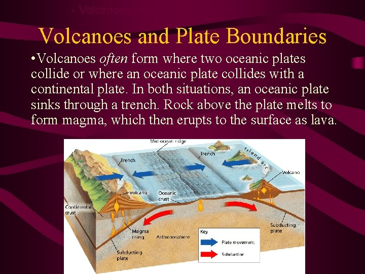 - Volcanoes and Plate Tectonics Volcanoes and Plate Boundaries • Volcanoes often form where