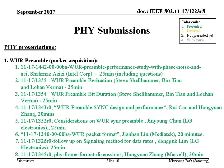 doc. : IEEE 802. 11 -17/1223 r 8 September 2017 PHY Submissions Color code:
