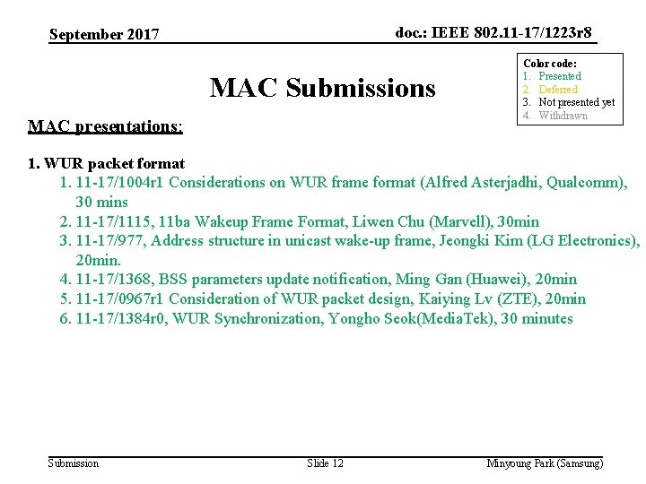 doc. : IEEE 802. 11 -17/1223 r 8 September 2017 MAC Submissions MAC presentations: