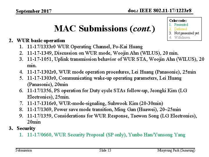 doc. : IEEE 802. 11 -17/1223 r 8 September 2017 MAC Submissions (cont. )