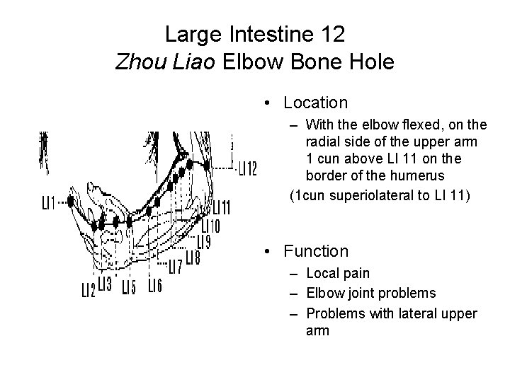 Large Intestine 12 Zhou Liao Elbow Bone Hole • Location – With the elbow