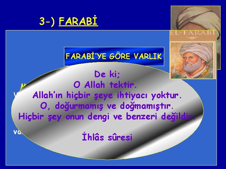 3 -) FARABİ Farabi varlık sorununu vacibul-vücut (zorunlu varlık) VARLIK kavramıyla. FARABİ’YE çözmeye. GÖRE
