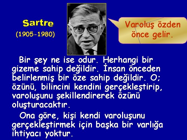 (1905 -1980) Varoluş özden önce gelir. Bir şey ne ise odur. Herhangi bir gizeme