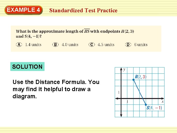 Warm-Up 4 Exercises EXAMPLE Standardized Test Practice SOLUTION Use the Distance Formula. You may