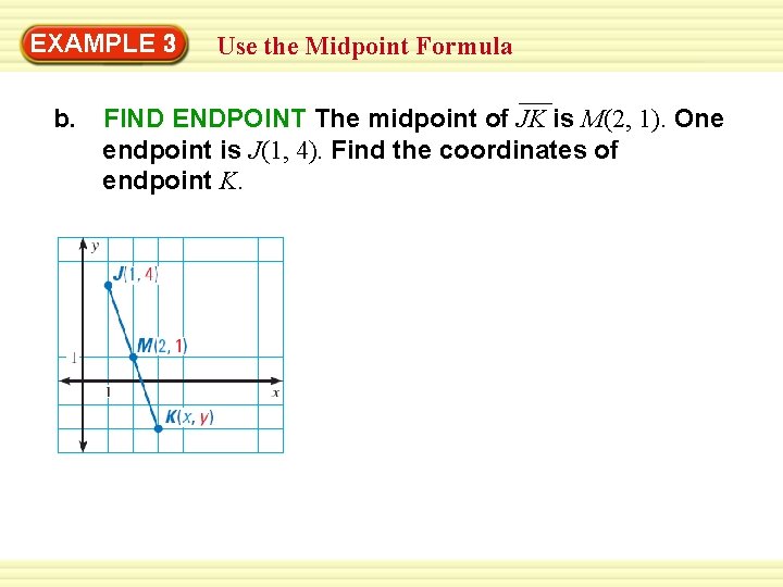 Warm-Up 3 Exercises EXAMPLE Use the Midpoint Formula b. FIND ENDPOINT The midpoint of