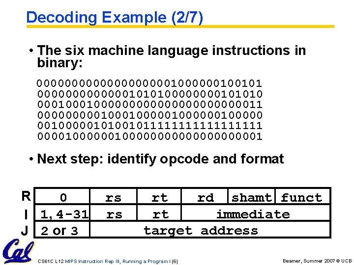 Decoding Example (2/7) • The six machine language instructions in binary: 00000000001000000100101 0000000101010000101010 00010000000000011