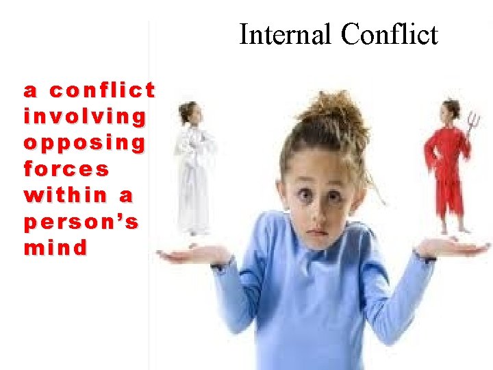 Internal Conflict a conflict involving opposing forces within a person’s mind 