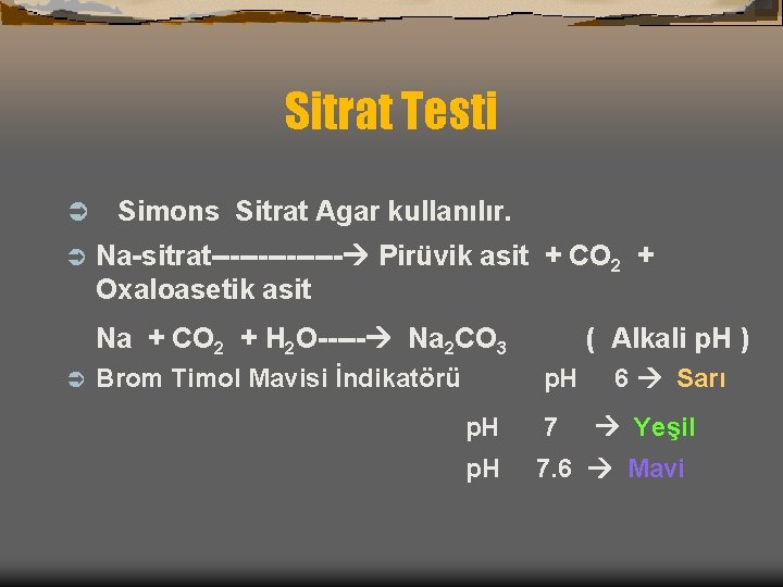 Sitrat Testi Ü Ü Simons Sitrat Agar kullanılır. Na-sitrat------- Pirüvik asit + CO 2