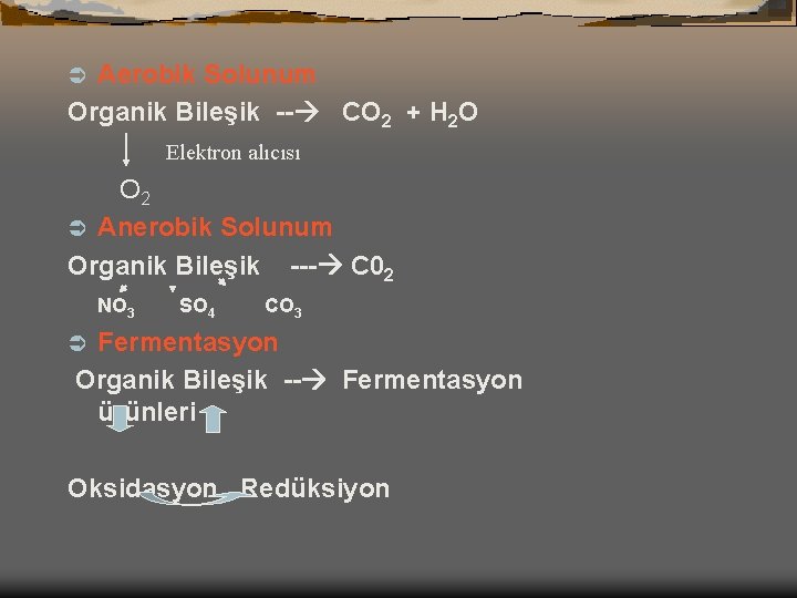 Aerobik Solunum Organik Bileşik -- CO 2 + H 2 O Ü Elektron alıcısı