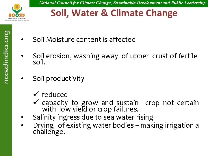 National Council for Climate Change, Sustainable Development and Public Leadership Soil, Water & Climate