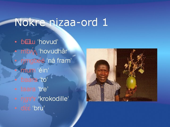 Nokre nizaa-ord 1 • • ɓ� ɯɯ ‘hovud’ mbʌ ʌ ‘hovudhår’ ŋmɡbe é ‘nå