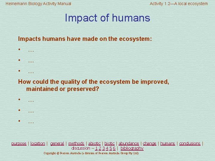 Heinemann Biology Activity Manual Activity 1. 2—A local ecosystem Impact of humans Impacts humans