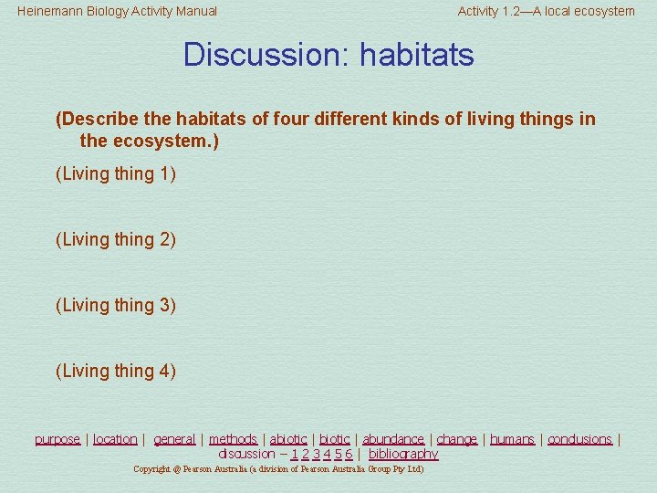 Heinemann Biology Activity Manual Activity 1. 2—A local ecosystem Discussion: habitats (Describe the habitats