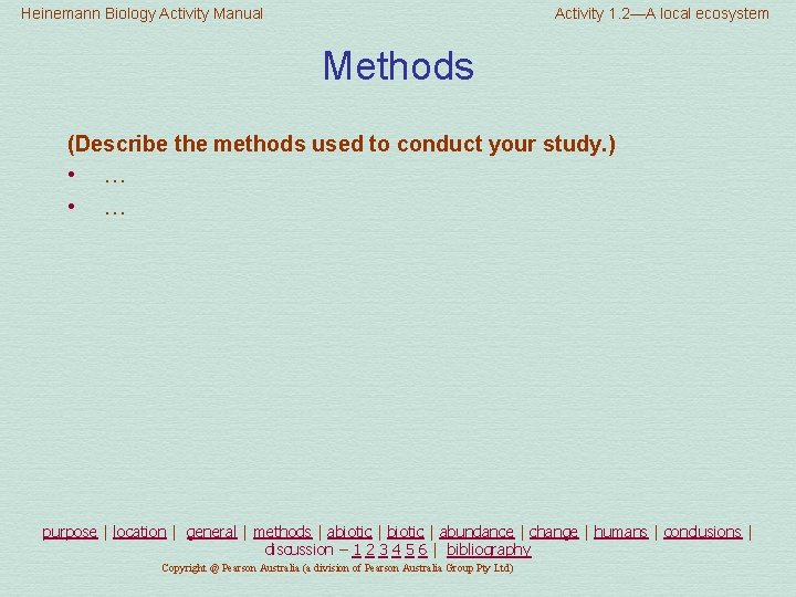 Heinemann Biology Activity Manual Activity 1. 2—A local ecosystem Methods (Describe the methods used