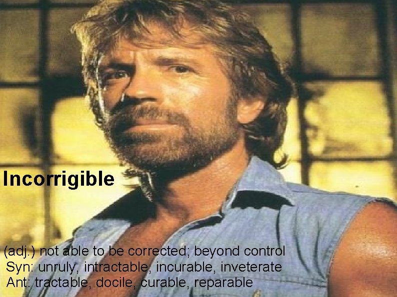 Incorrigible (adj. ) not able to be corrected; beyond control Syn: unruly, intractable, incurable,