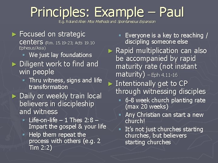 Principles: Example – Paul E. g. Roland Allen Miss Methods and Spontaneous Expansion ►
