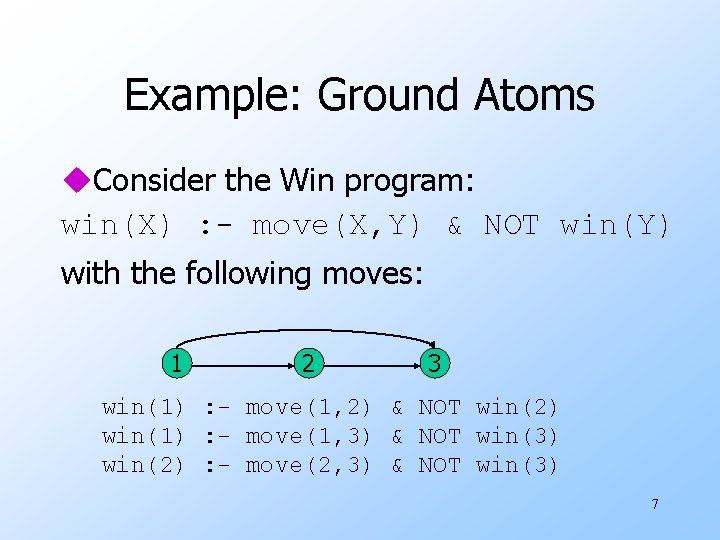 Example: Ground Atoms u. Consider the Win program: win(X) : - move(X, Y) &