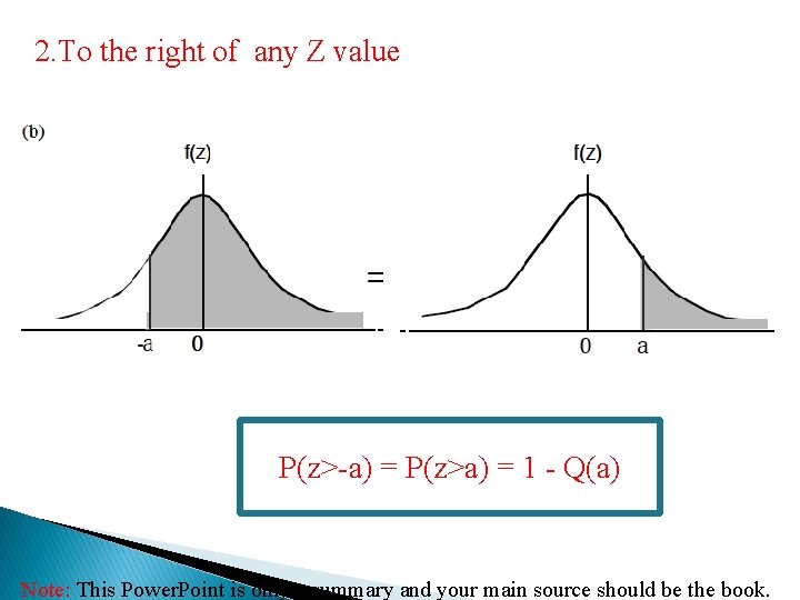 2. To the right of any Z value P(z>-a) = P(z>a) = 1 -