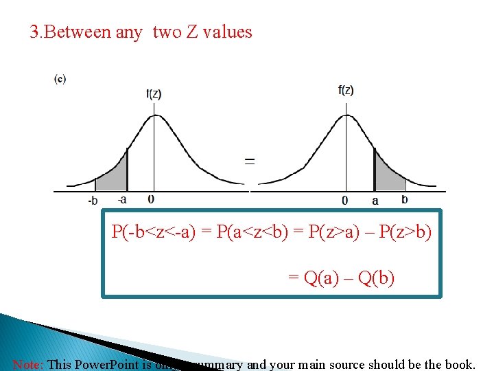 3. Between any two Z values P(-b<z<-a) = P(a<z<b) = P(z>a) – P(z>b) =