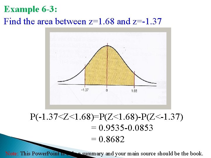 Example 6 -3: Find the area between z=1. 68 and z=-1. 37 P(-1. 37<Z<1.
