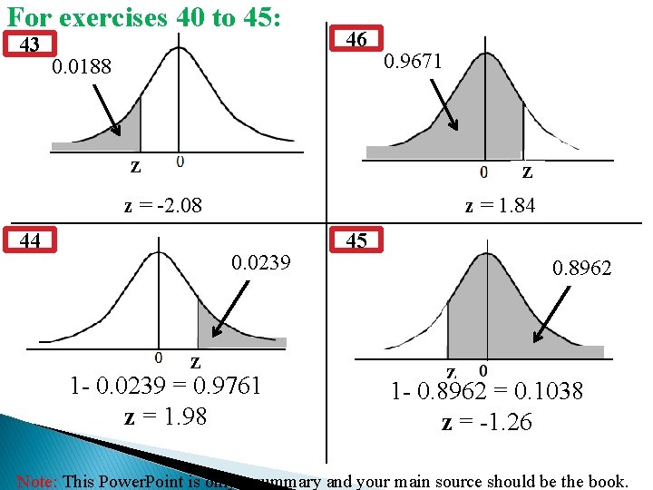For exercises 40 to 45: 43 46 0. 0188 0. 9671 Z Z z