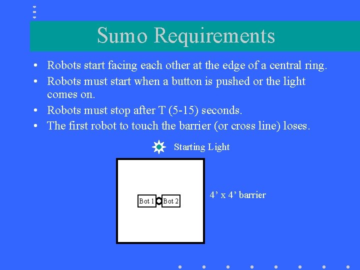 Sumo Requirements • Robots start facing each other at the edge of a central