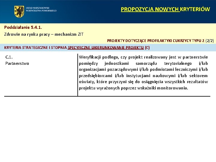 PROPOZYCJA NOWYCH KRYTERIÓW Poddziałanie 5. 4. 1. Zdrowie na rynku pracy – mechanizm ZIT