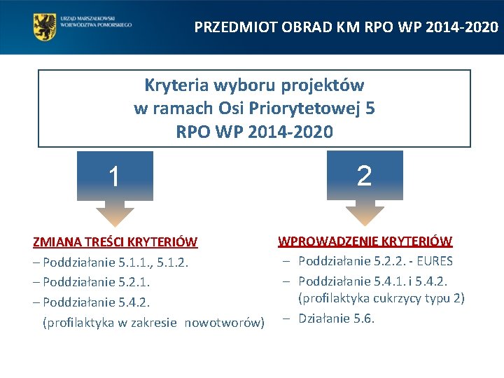 PRZEDMIOT OBRAD KM RPO WP 2014 -2020 Kryteria wyboru projektów w ramach Osi Priorytetowej