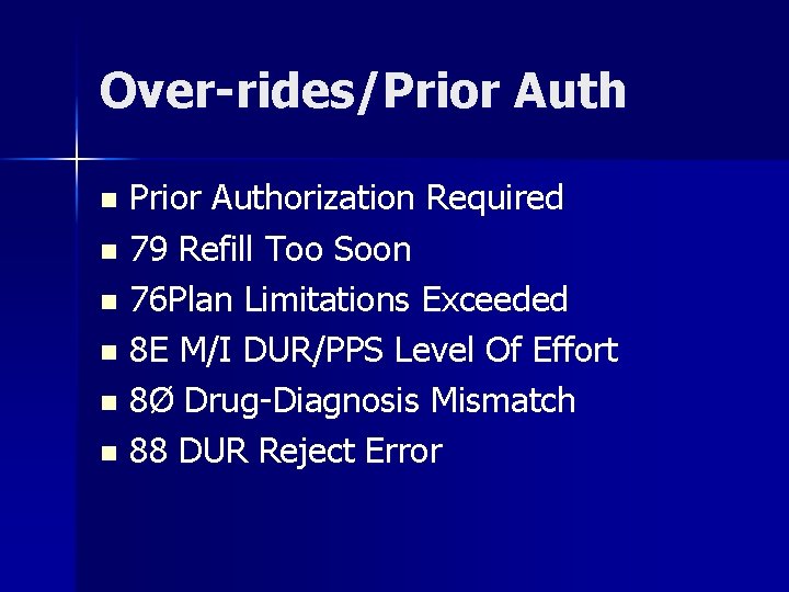 Over-rides/Prior Authorization Required n 79 Refill Too Soon n 76 Plan Limitations Exceeded n