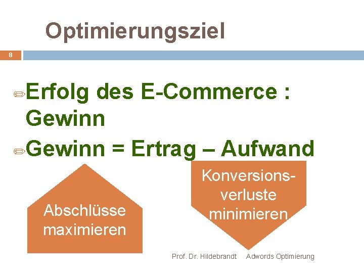 Optimierungsziel 8 Erfolg des E-Commerce : Gewinn ✏Gewinn = Ertrag – Aufwand ✏ Abschlüsse