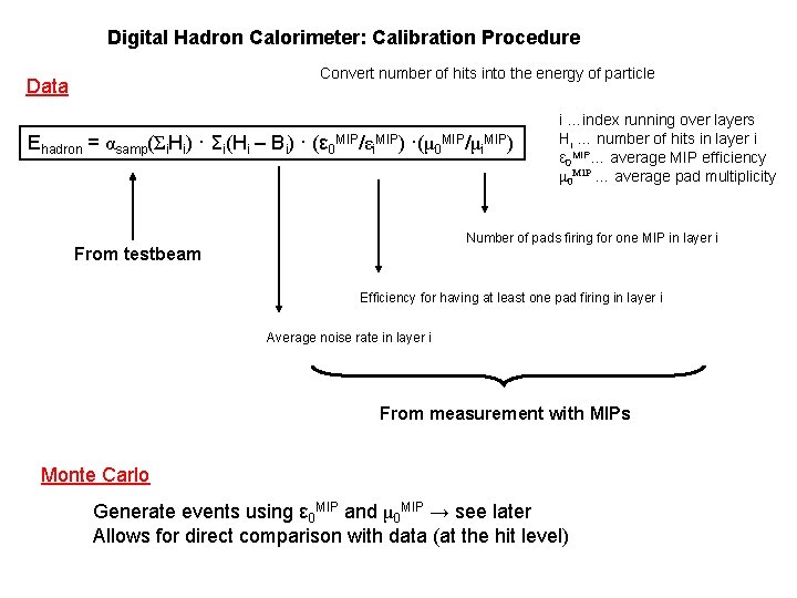 Digital Hadron Calorimeter: Calibration Procedure Convert number of hits into the energy of particle