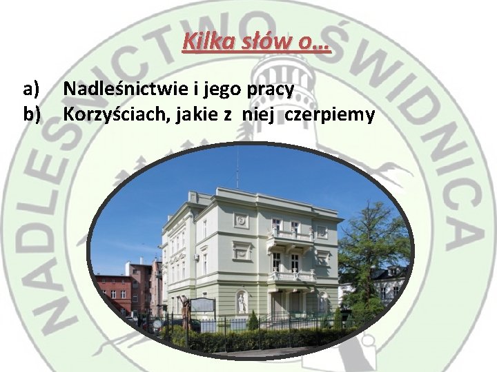 Kilka słów o… a) b) Nadleśnictwie i jego pracy Korzyściach, jakie z niej czerpiemy