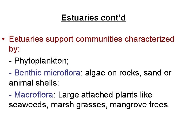 Estuaries cont’d • Estuaries support communities characterized by: - Phytoplankton; - Benthic microflora: algae