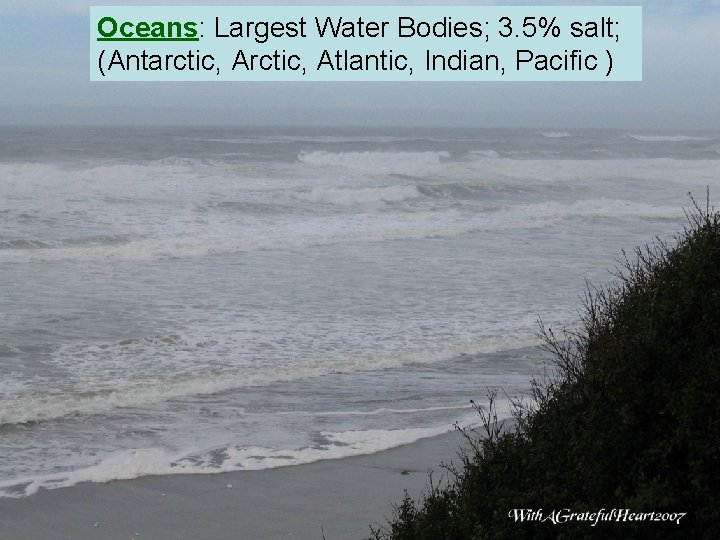 Oceans: Largest Water Bodies; 3. 5% salt; (Antarctic, Atlantic, Indian, Pacific ) 
