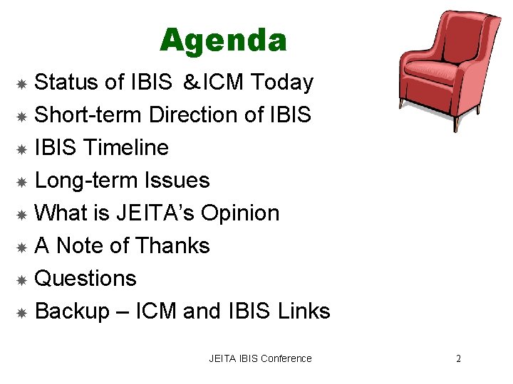 Agenda Status of IBIS ＆ICM Today Short-term Direction of IBIS Timeline Long-term Issues What