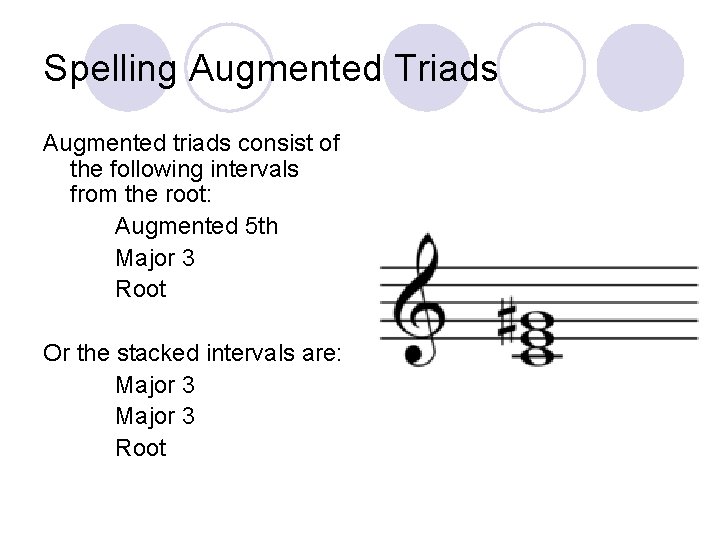 Spelling Augmented Triads Augmented triads consist of the following intervals from the root: Augmented