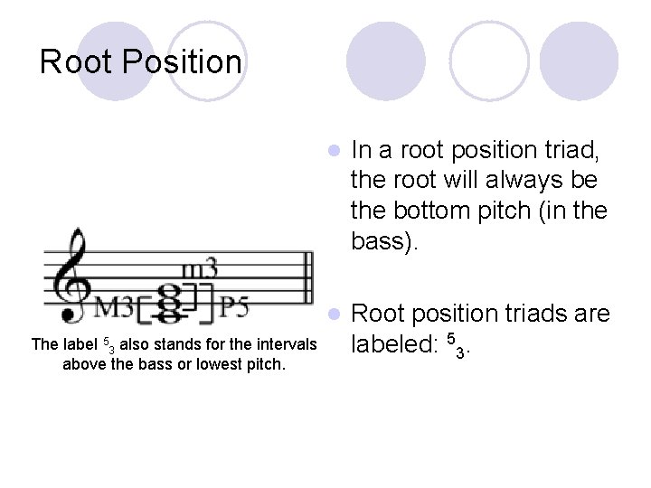Root Position The label 53 also stands for the intervals above the bass or