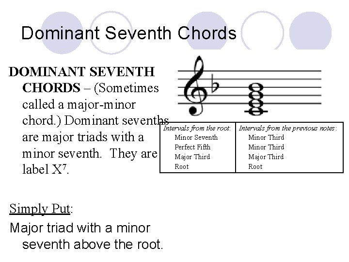 Dominant Seventh Chords DOMINANT SEVENTH CHORDS – (Sometimes called a major-minor chord. ) Dominant