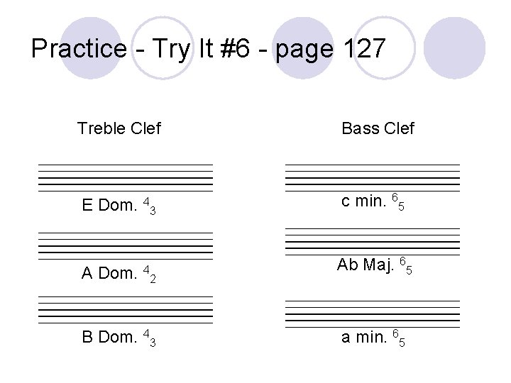 Practice - Try It #6 - page 127 Treble Clef Bass Clef E Dom.