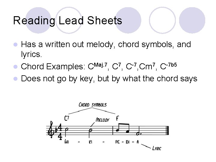 Reading Lead Sheets Has a written out melody, chord symbols, and lyrics. l Chord