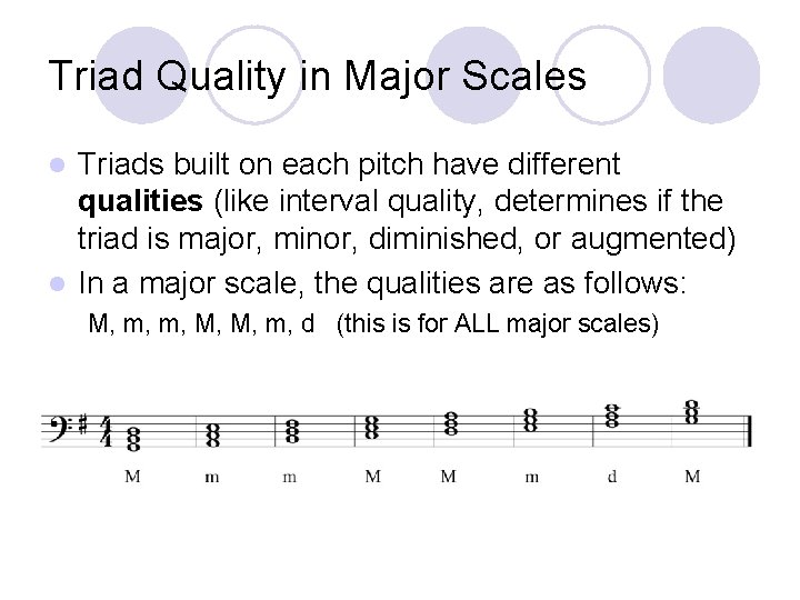 Triad Quality in Major Scales Triads built on each pitch have different qualities (like