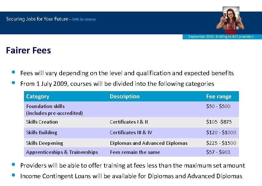 September 2008: Briefing to ACE providers Fairer Fees • • Fees will vary depending