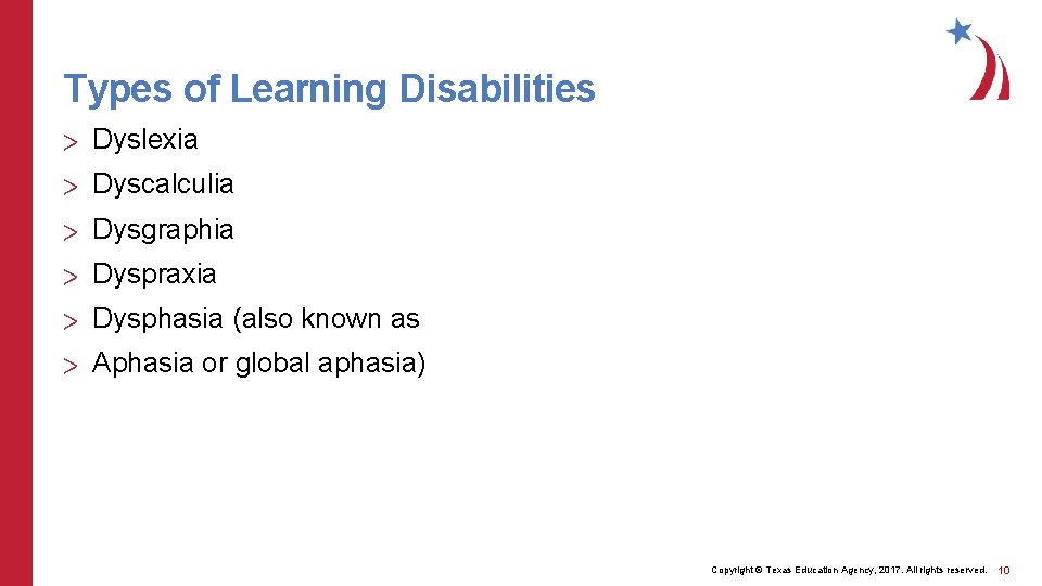Types of Learning Disabilities > Dyslexia > Dyscalculia > Dysgraphia > Dyspraxia > Dysphasia