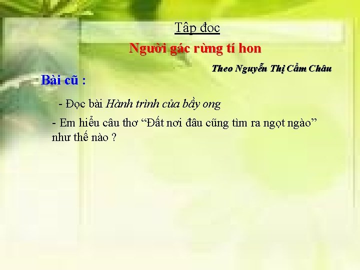 Tập đọc Người gác rừng tí hon Bài cũ : Theo Nguyễn Thị Cẩm