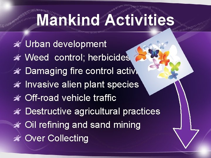 Mankind Activities Urban development Weed control; herbicides Damaging fire control activities Invasive alien plant